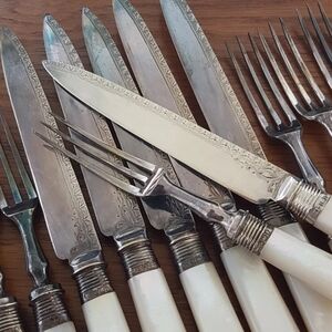 12pc Antique Sterling Silver Fruit Flatware Set: Mother of Pearl Handles England